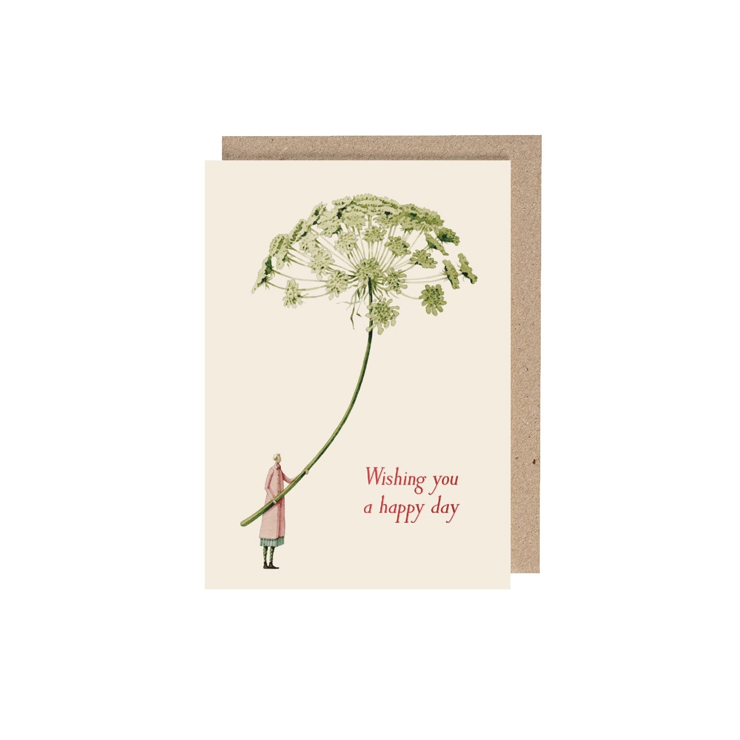 Ammi greeting card with an illustration of a woman holding a gigantic ammi flower with red text that reads &quot;Wishing you a happy day&quot;.