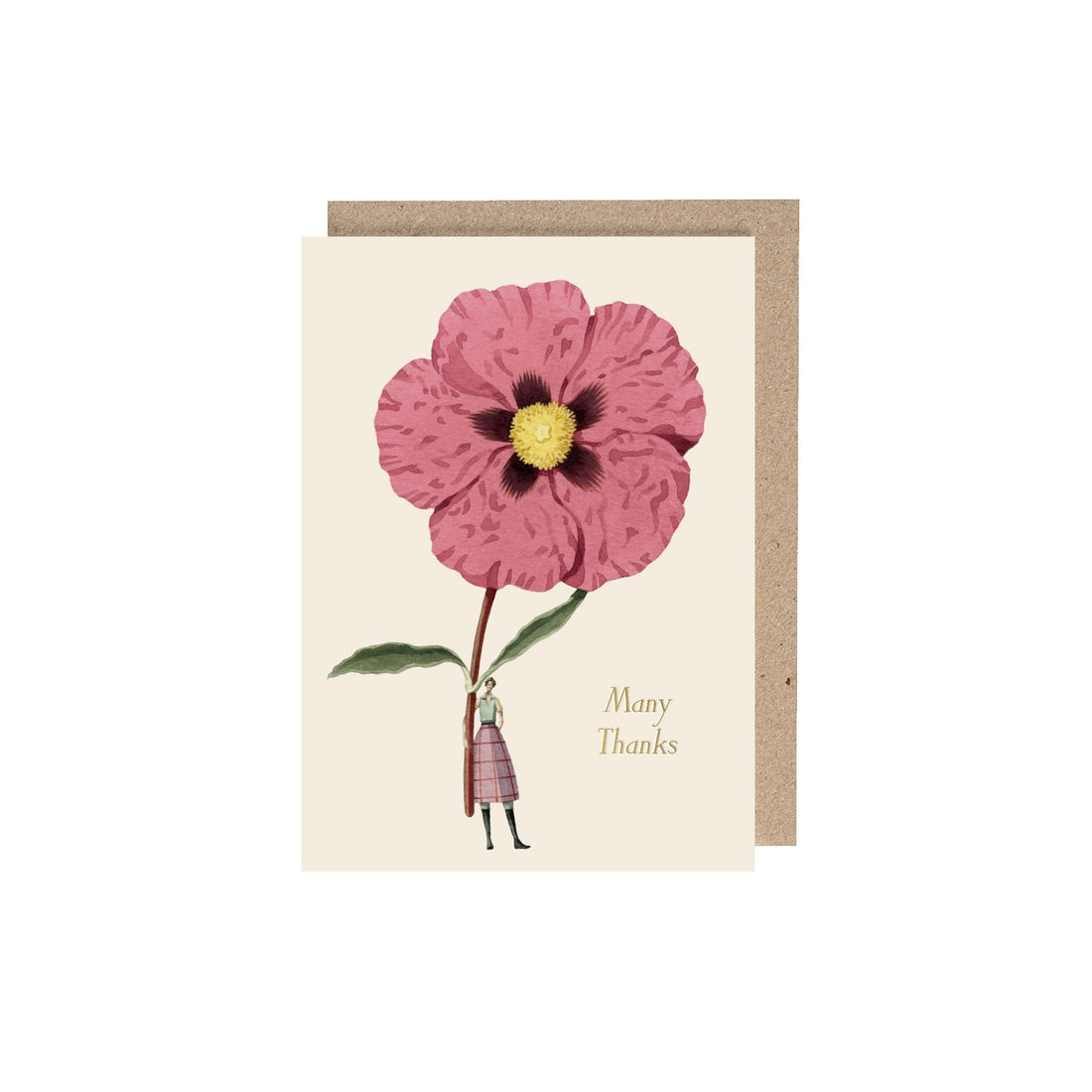 Cistus (Many Thanks) Greeting Card featuring artwork of a woman holding a gigantic Cistus flower and gold foil text that reads &quot;Many Thanks&quot;, paired with the kraft envelope.