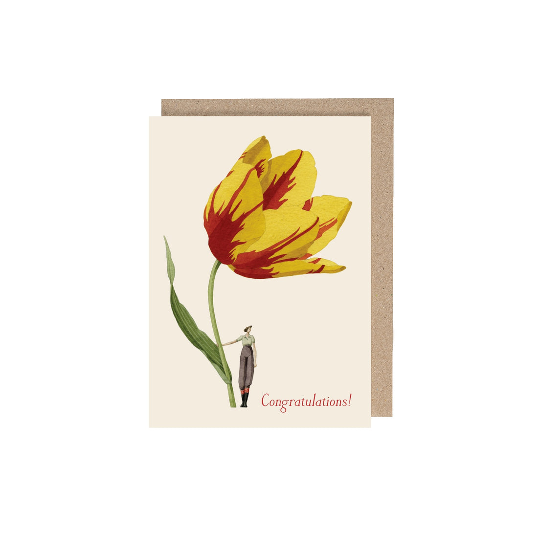 Tulip (Congratulations) Greeting Card featuring a miniature woman holding a tulip with &quot;Congratulations&quot; in red script next to her.