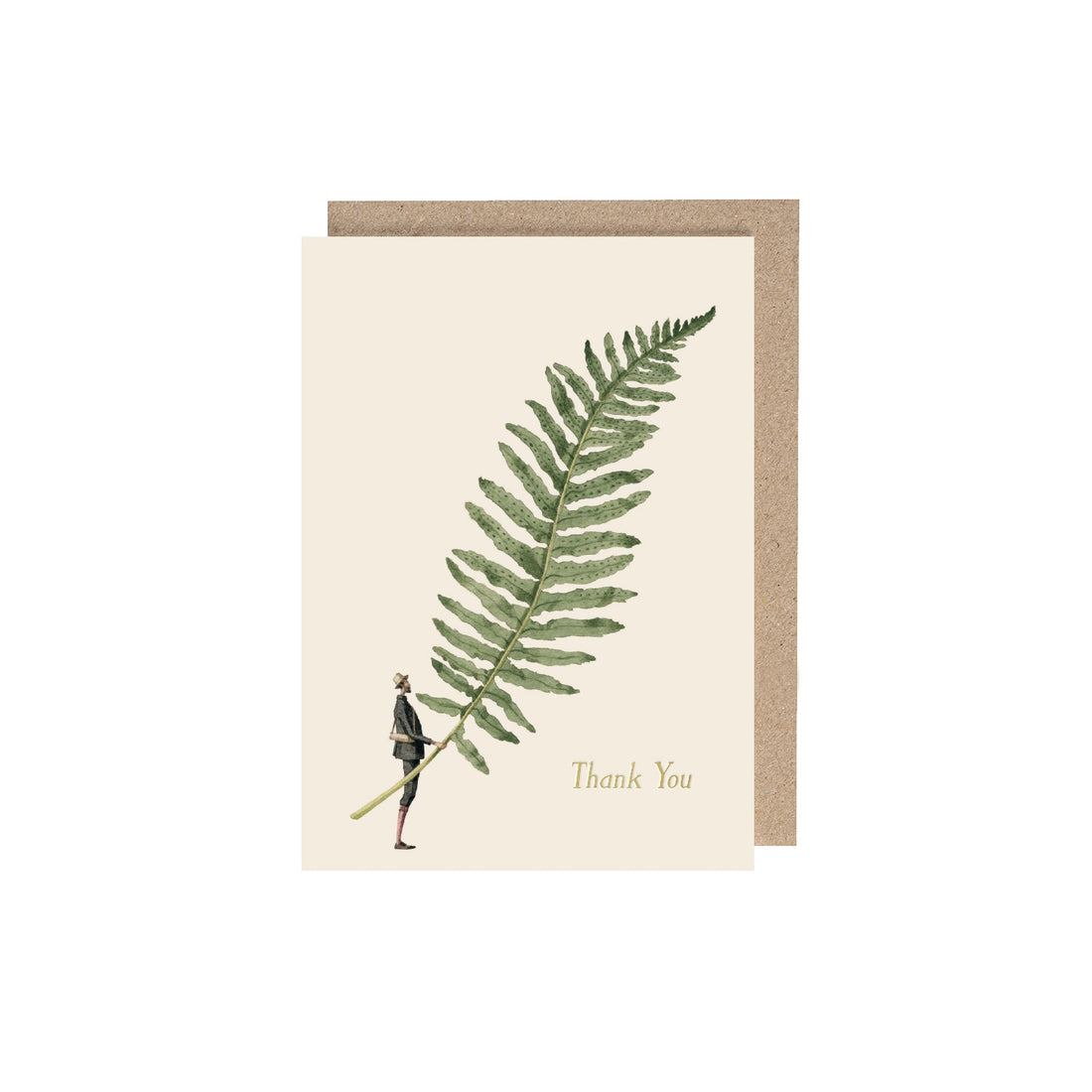 Fabulous Ferns 6 (Thank You) Greeting Card featuring artwork of a man holding a giant fern, gold text that reads &quot;Thank You&quot; and a kraft envelope behind it.