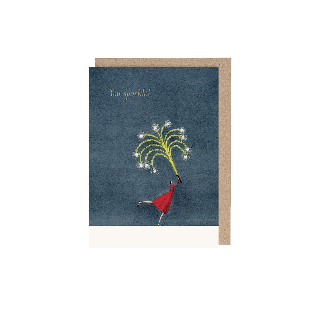 Firework (You sparkle) Greeting Card featuring artwork of a woman in a red dress holding a giant sparkler and text that says &quot;You sparkle!&quot;.