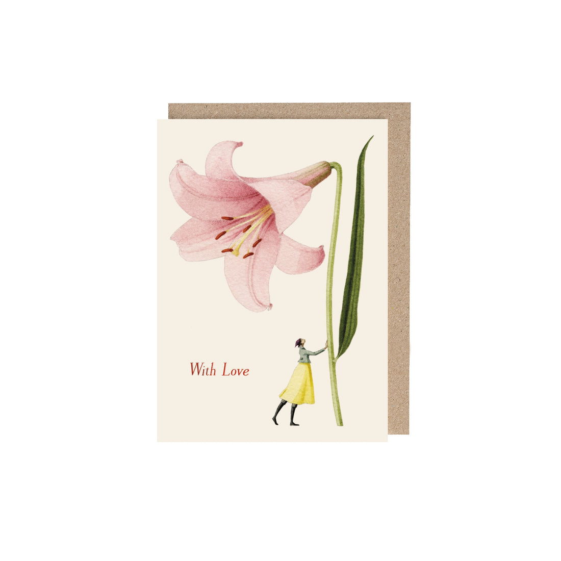 Pink Lily (With Love) Greeting Card featuring a woman holding up a giant pink Lily and red text that says &quot;With Love&quot;.