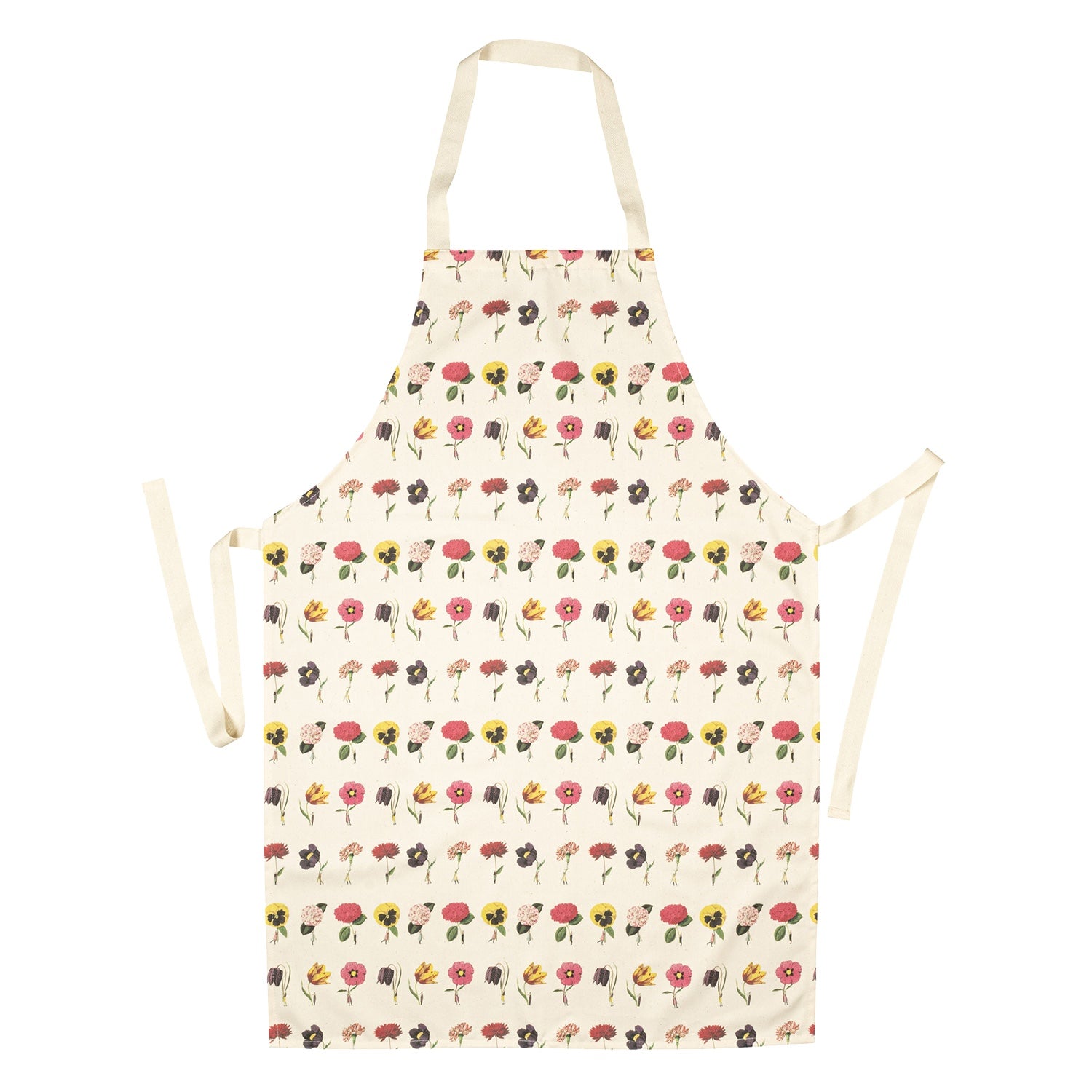 A linen apron patterned with illustrated tiny people holding gigantic vibrant blooms by the stems, in pink, yellow, red and purple. 