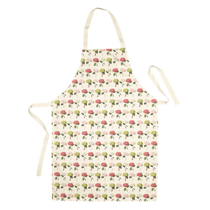 A linen apron patterned with illustrated tiny people holding gigantic hydrangea blooms by the stems, in pink, white and green. 