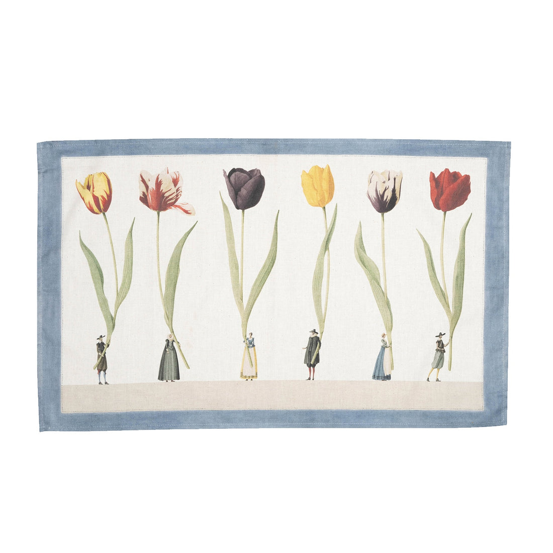 A linen tea towel with blue border lined with dots, featuring an illustration of six small people in traditional clothing holding large multi-colored tulips up by the stems.