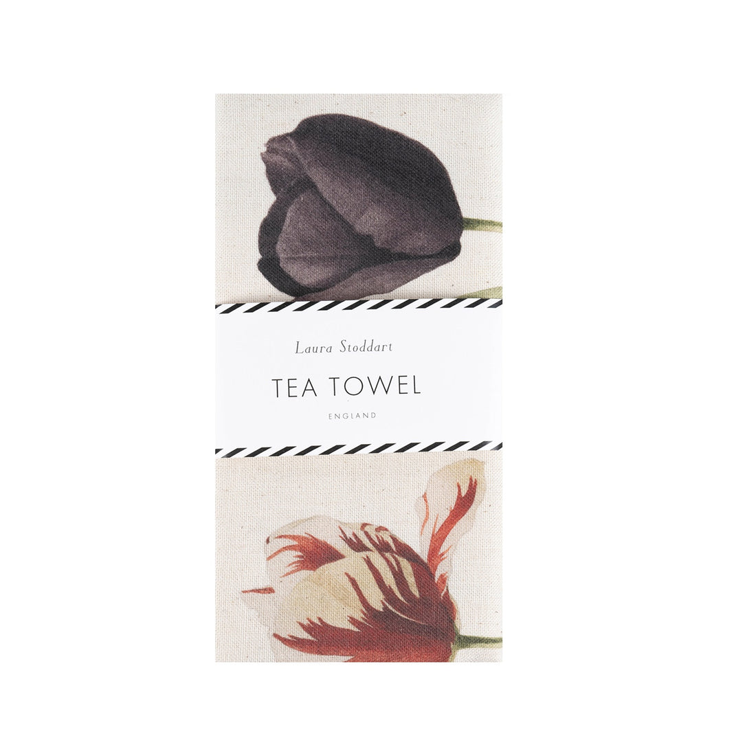 The Tulip Parade Tea Towel in retail packaging, folded neatly and wrapped in a white paper belly band. 
