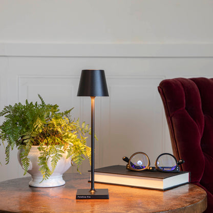 A Zafferano Black Micro Cordless Lamp on a table next to a book and a plant.