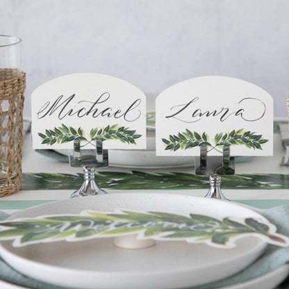 Two Laurel Place Cards labeled &quot;Michael&quot; and &quot;Laura&quot; as part of an elegant place setting.
