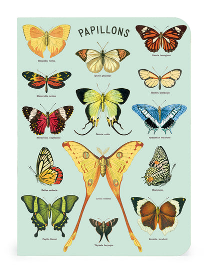 Papillons - a collection of Butterflies 3 Mini Notebooks on a blue background, featured in a Cavallini Papers &amp; Co mini notebook set.