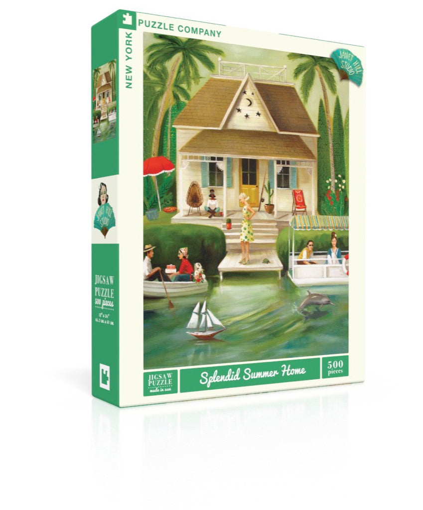 A Splendid Summer Home Puzzle of a whimsical painting by Janet Hill, depicting a house and people on the water, created by New York Puzzle Company.