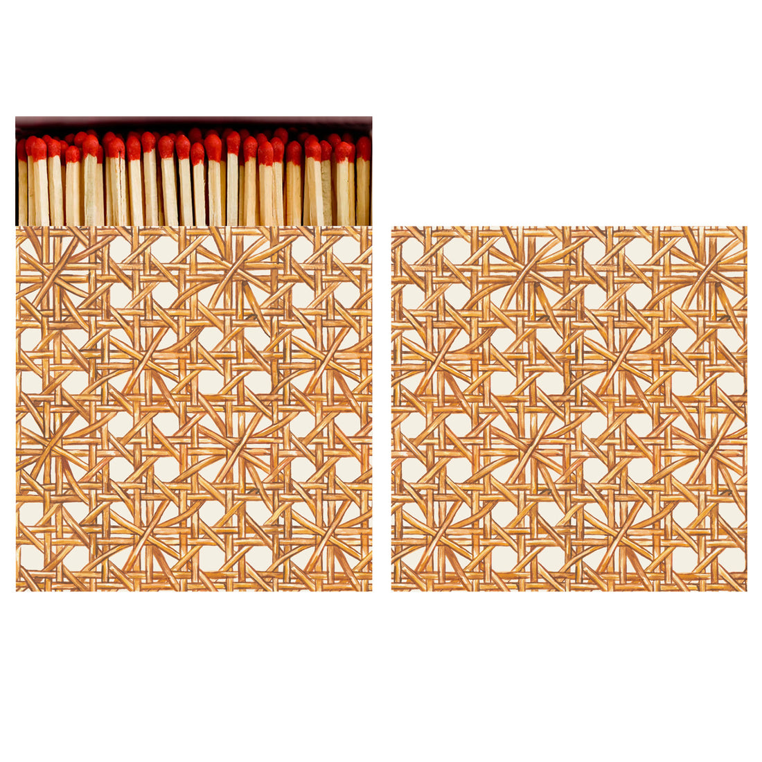 Two sides of a square match box, the left of which is open slightly to reveal the matches inside. The artwork on the box is a pattern of tan rattan strands woven together intricately over a white background.