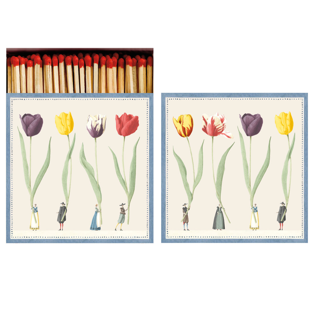 Two identical sides of a square match box, the left of which is open slightly to reveal the matches inside. The artwork on the box depicts a row of four tiny people in traditional clothing, each holding a gigantic colorful tulip bloom by the stem, on a cream background in a dotted blue frame.
