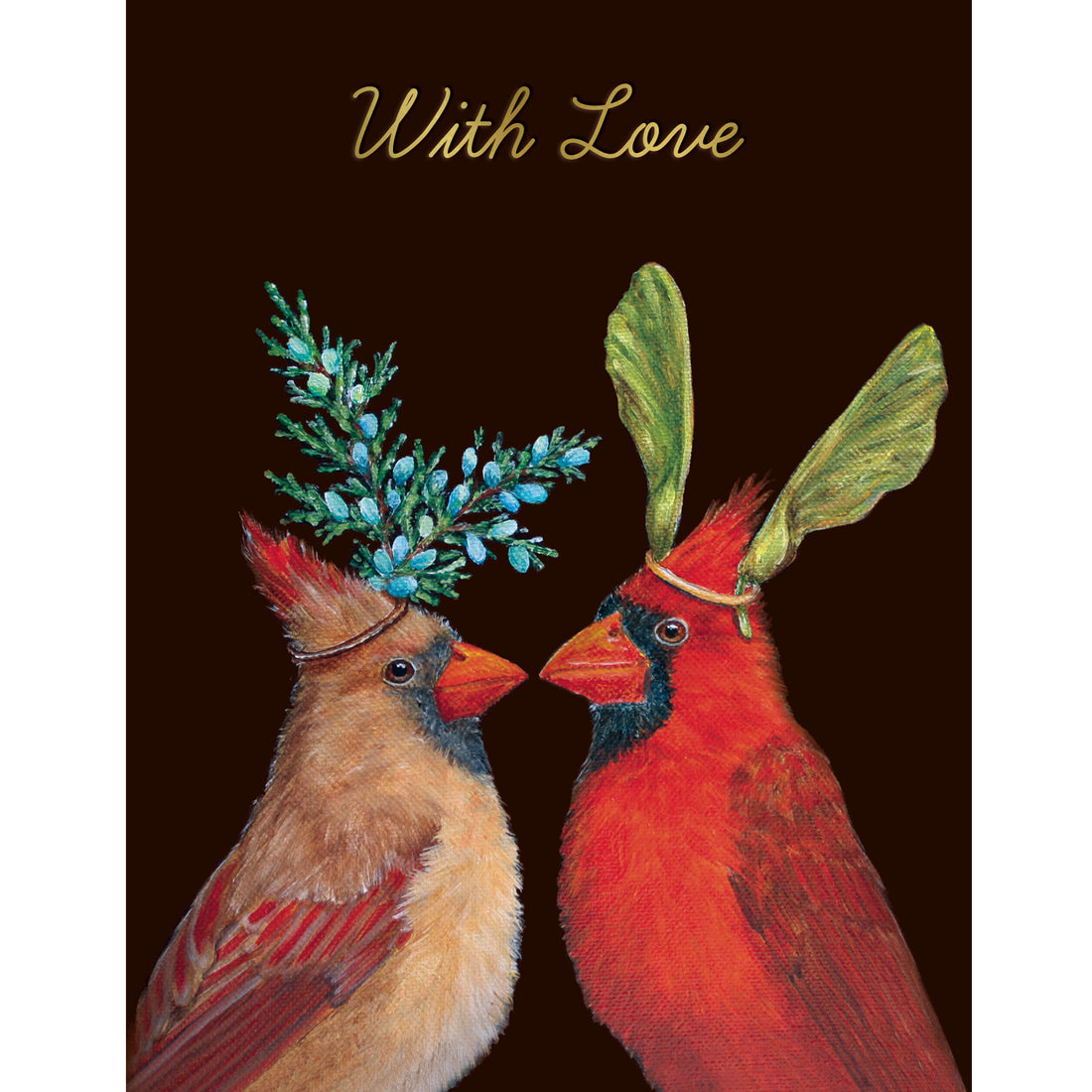 A greeting card featuring a charming illustration of two cardinals - a red male and a brown female - facing each other wearing botanical headdresses on a black background. The words &quot;With Love&quot; are printed above the birds in metallic gold in cursive. 