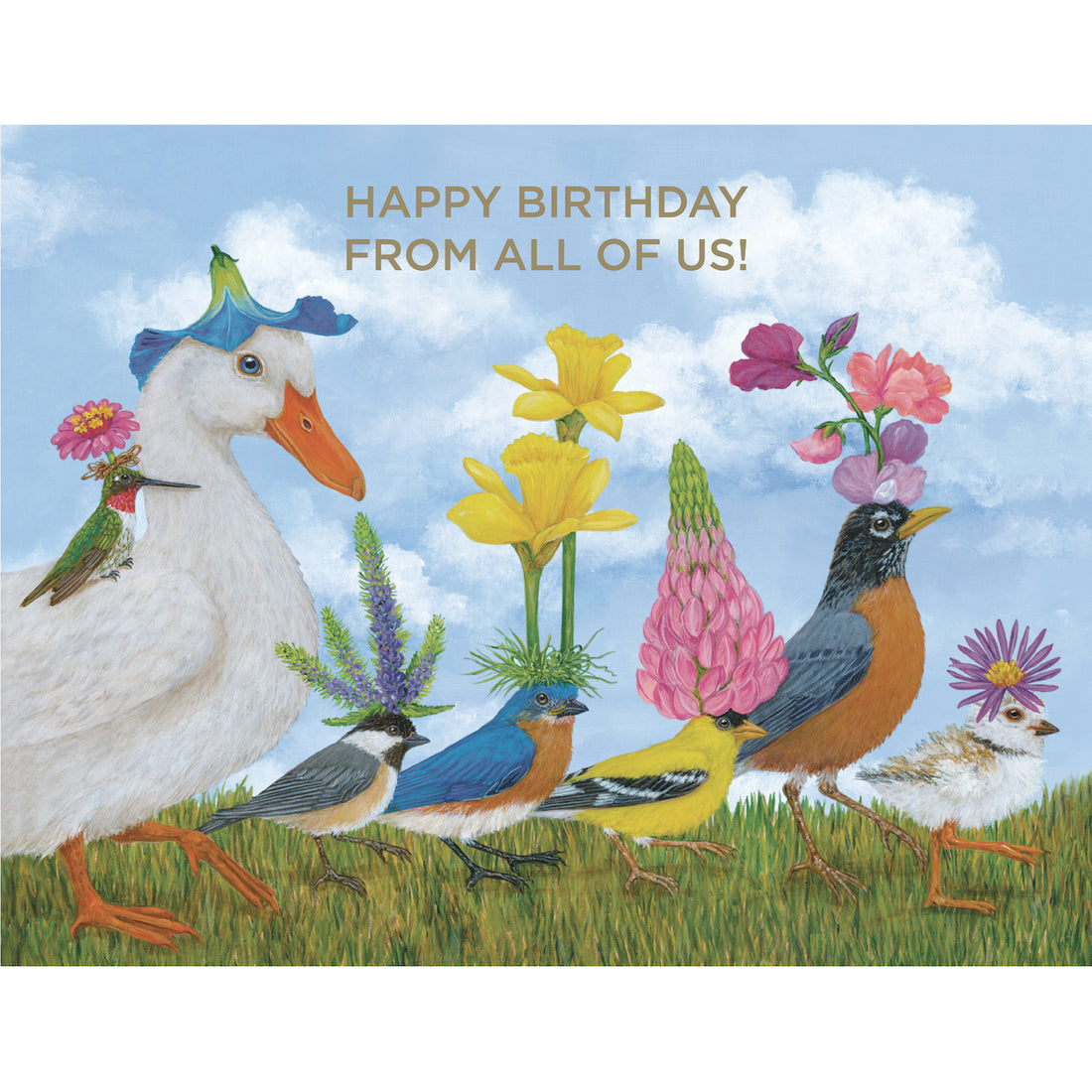 A greeting card featuring a charming illustration of a parade of various birds walking over grass wearing colorful flowers as hats, with a blue sky background and gold foil text that reads &quot;HAPPY BIRTHDAY FROM ALL OF US!&quot;