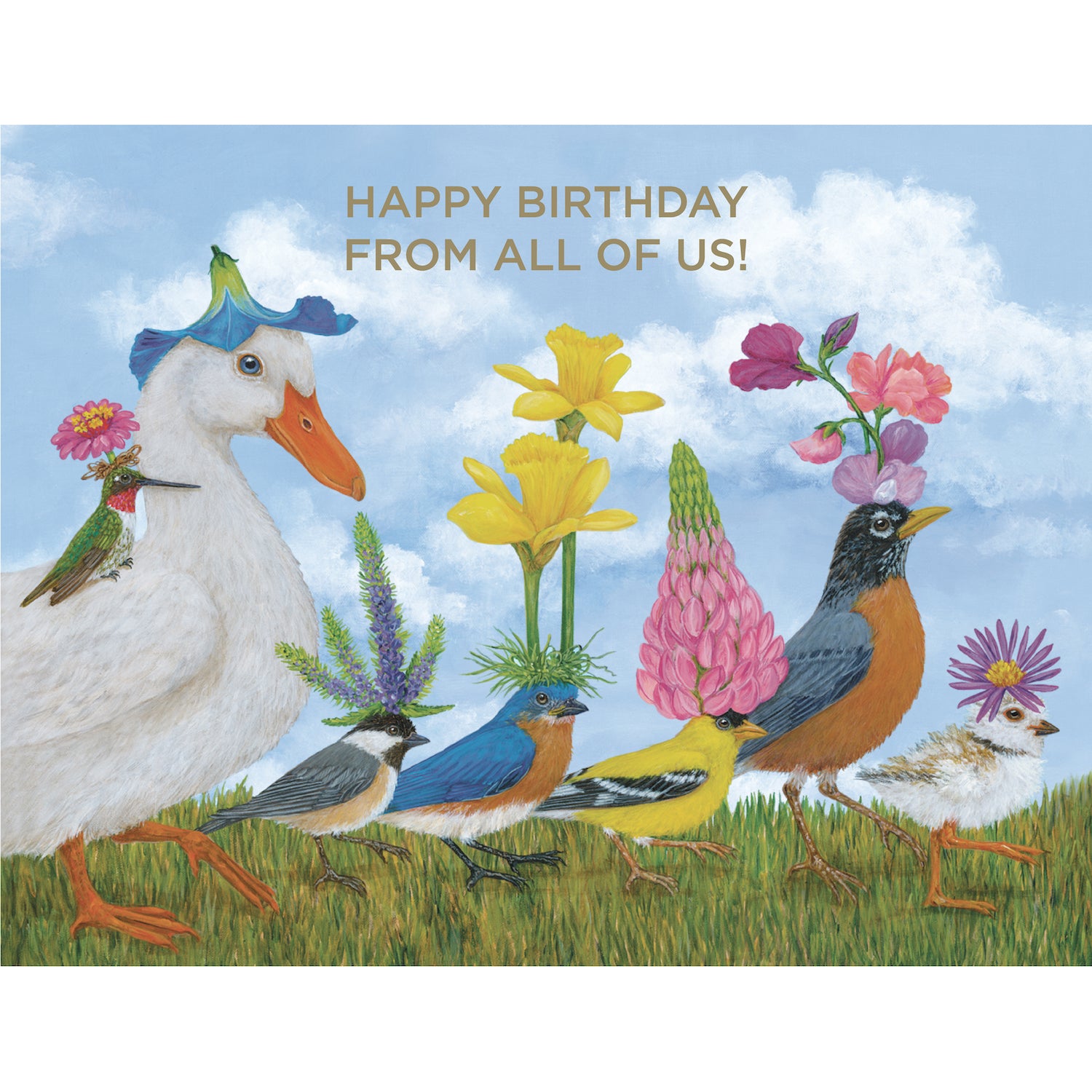 A greeting card featuring a charming illustration of a parade of various birds walking over grass wearing colorful flowers as hats, with a blue sky background and gold foil text that reads &quot;HAPPY BIRTHDAY FROM ALL OF US!&quot;