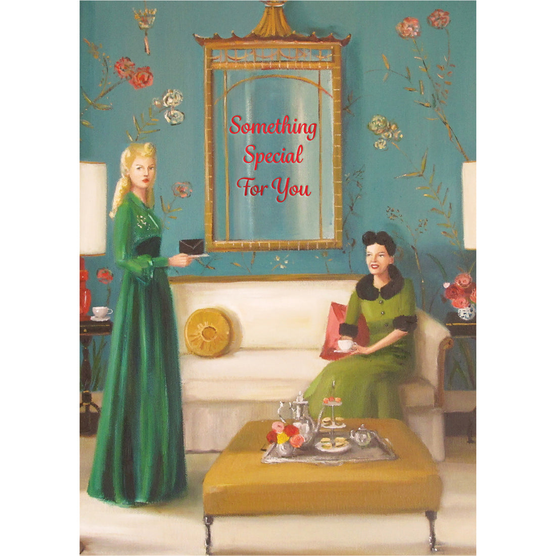 Something For You Tea Card featuring artwork by Janet Hill of a woman bringing another woman a letter and text that reads &quot;Something Special For You&quot;.