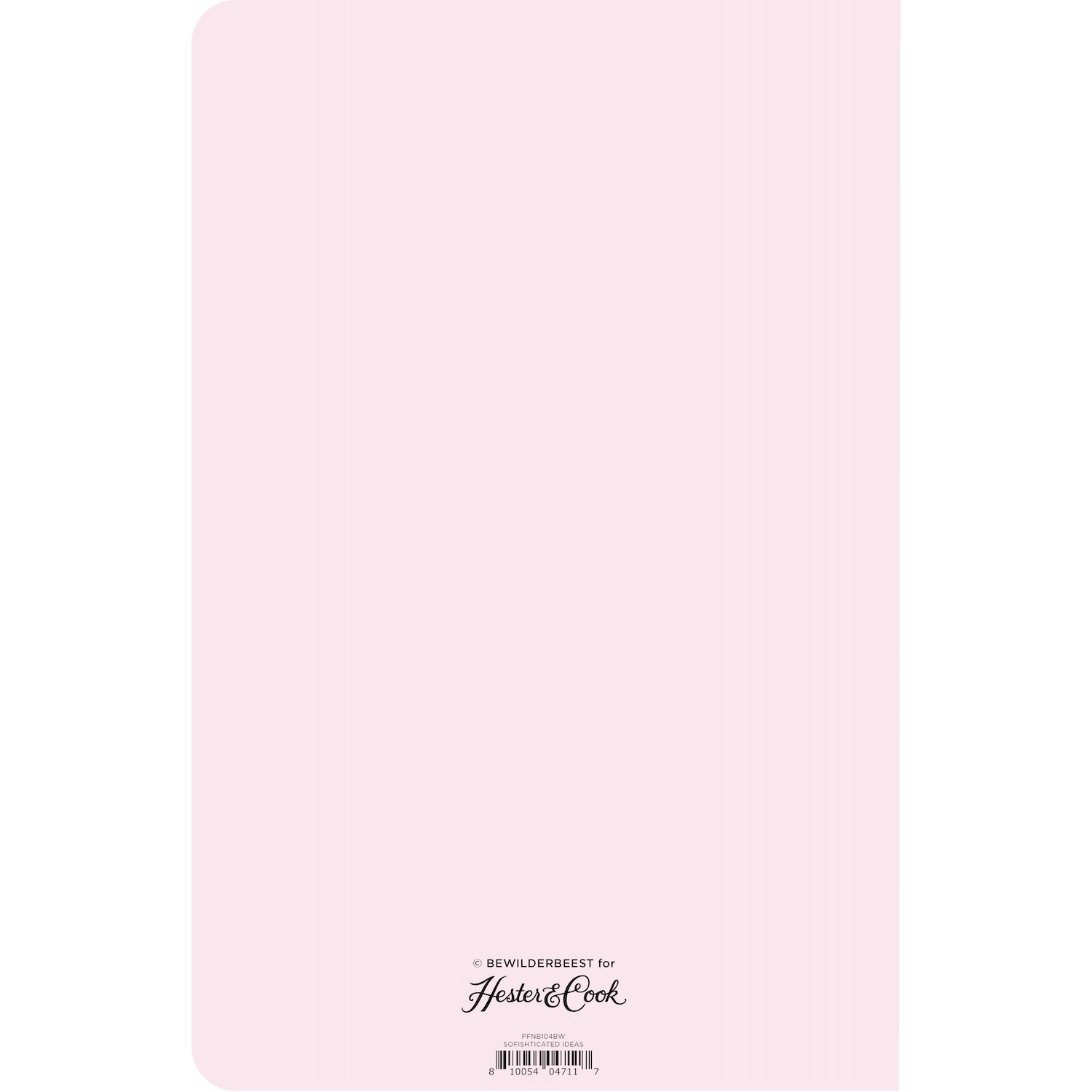 The back cover of the notebook is light pink with the Hester &amp; Cook logo printed at the bottom. 