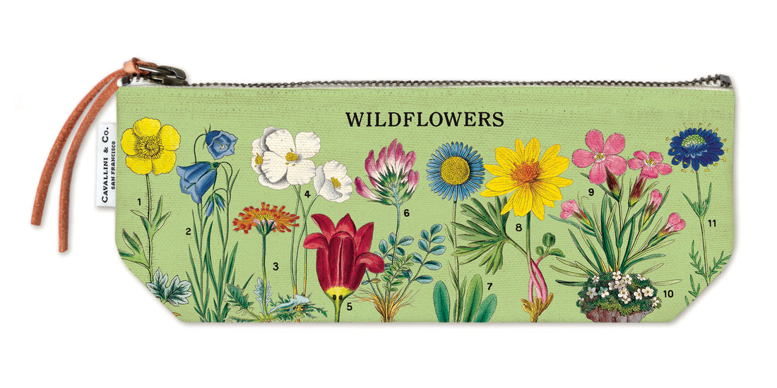 A Wildflowers mini zipper pouch by Cavallini featuring vintage images of wildflowers from the Cavallini Archives.
