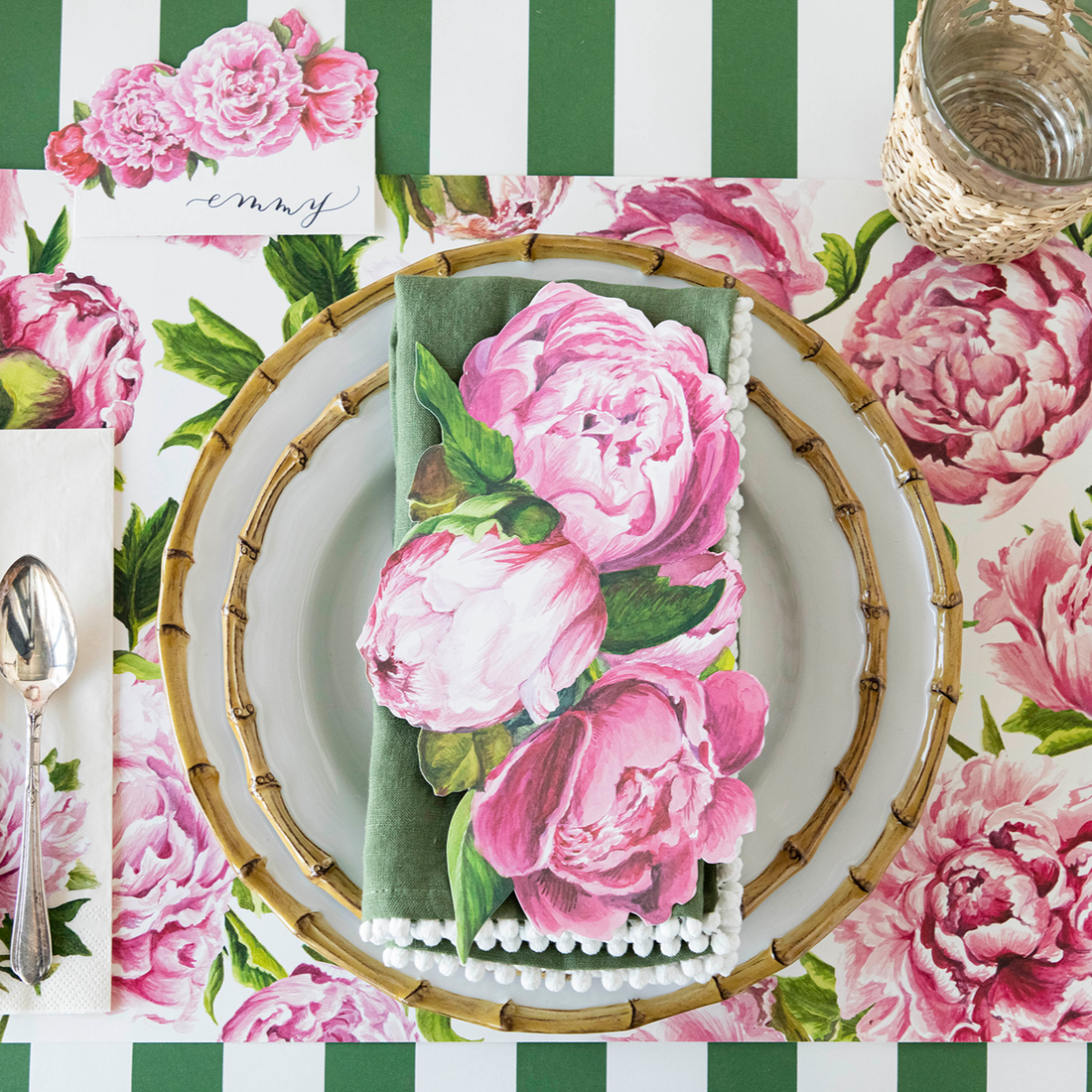 The Peonies In Bloom Placemat under an elegant place setting, from above.