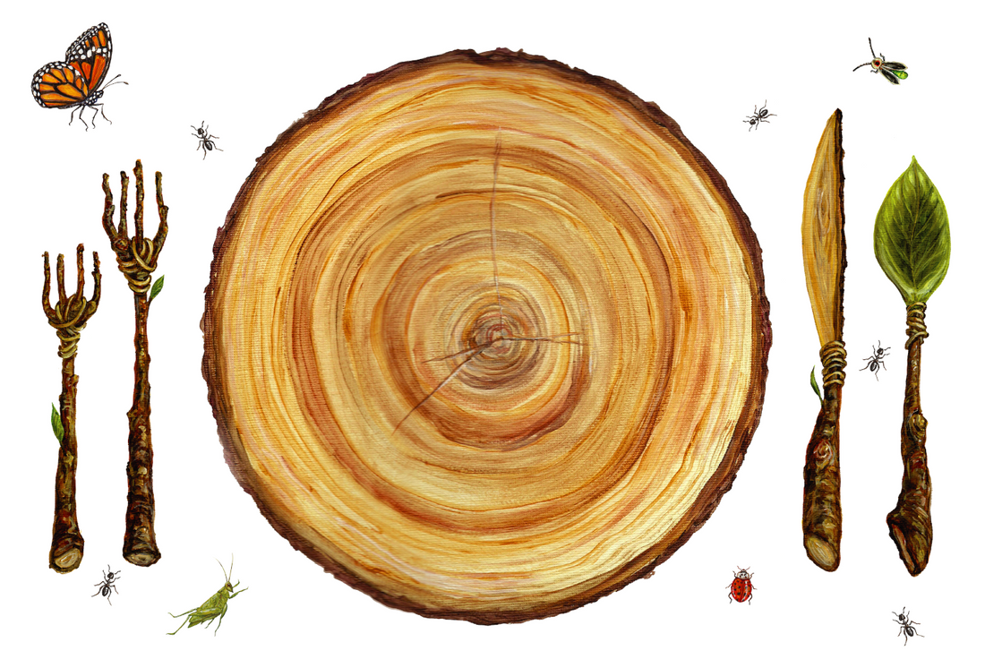 A charming illustration of a place setting made of natural elements: a wood slice plate, cutlery made of sticks and leaves wrapped with vines, surrounded by small ants, a grasshopper, a firefly, a ladybug and a butterfly, on a white background.