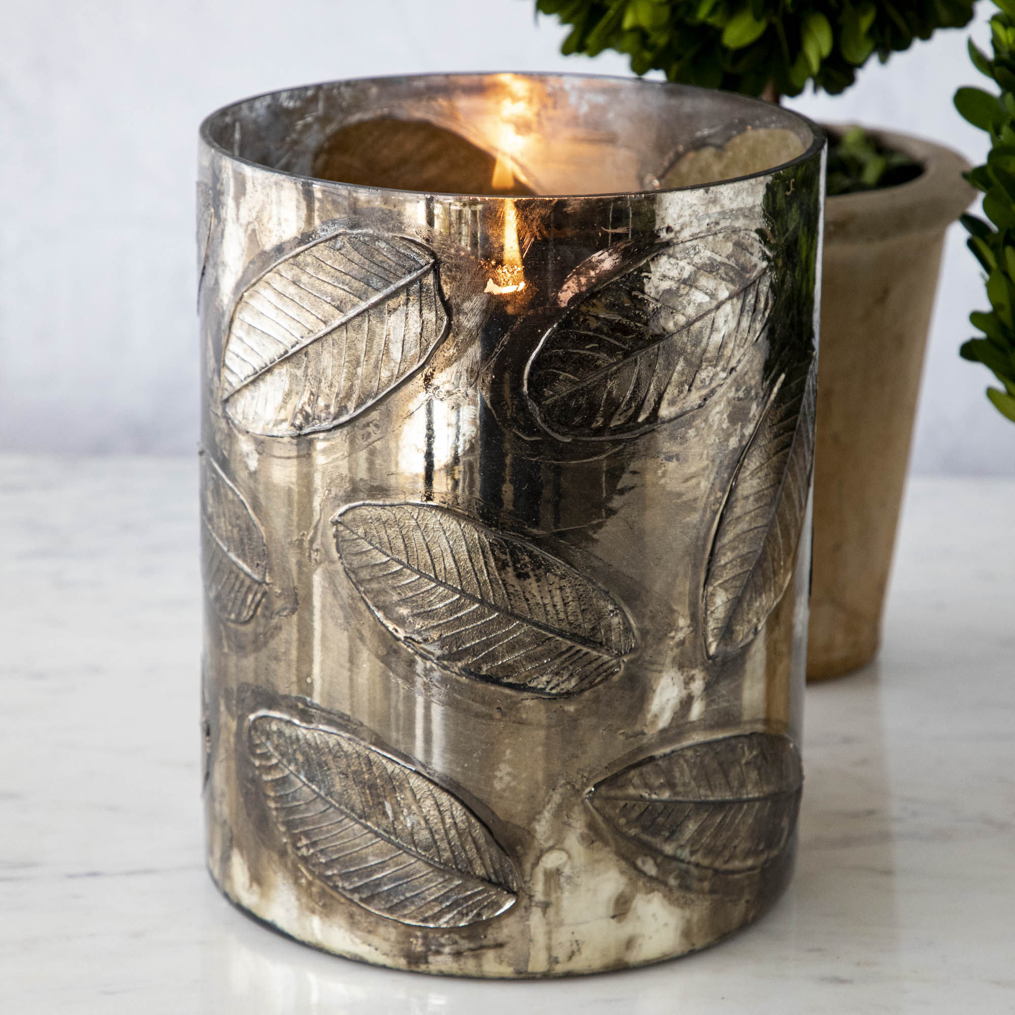 Embossed Mercury Glass Candle Holder with Leaves