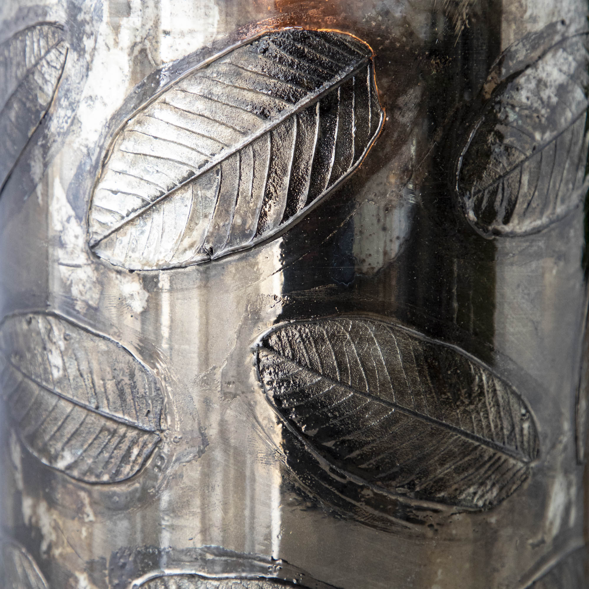 Embossed Mercury Glass Candle Holder with Leaves
