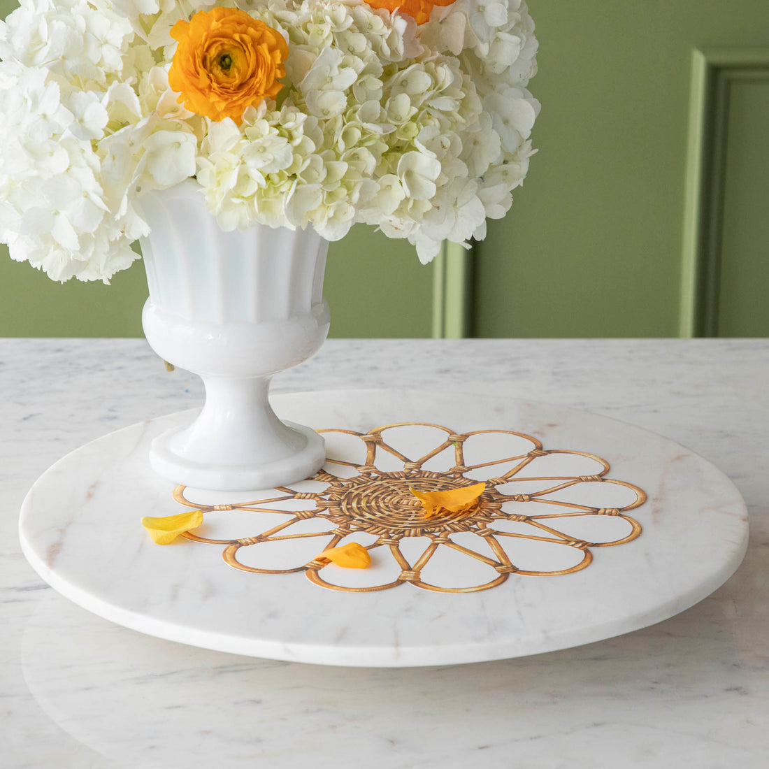 A White Marble Lazy Susan, 15&quot; Diameter with strawberries on it, perfect for your appetizer display.