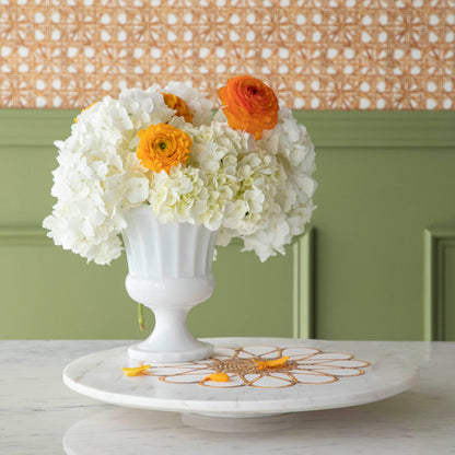 A White Marble Lazy Susan, 15&quot; Diameter with strawberries on it, perfect for your appetizer display.