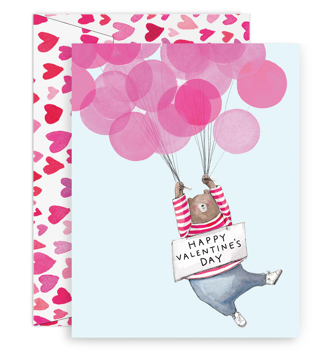 greeting card with illustration of a bear being carried off by pink balloons with a sign around his neck that says Happy Valentine&