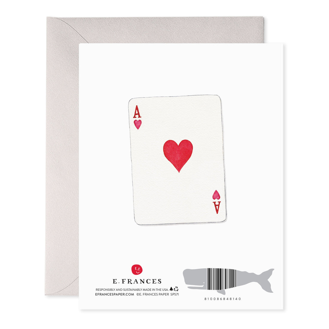 Back of greeting card with illustration of an Ace of Hearts playing card by E. Frances. 