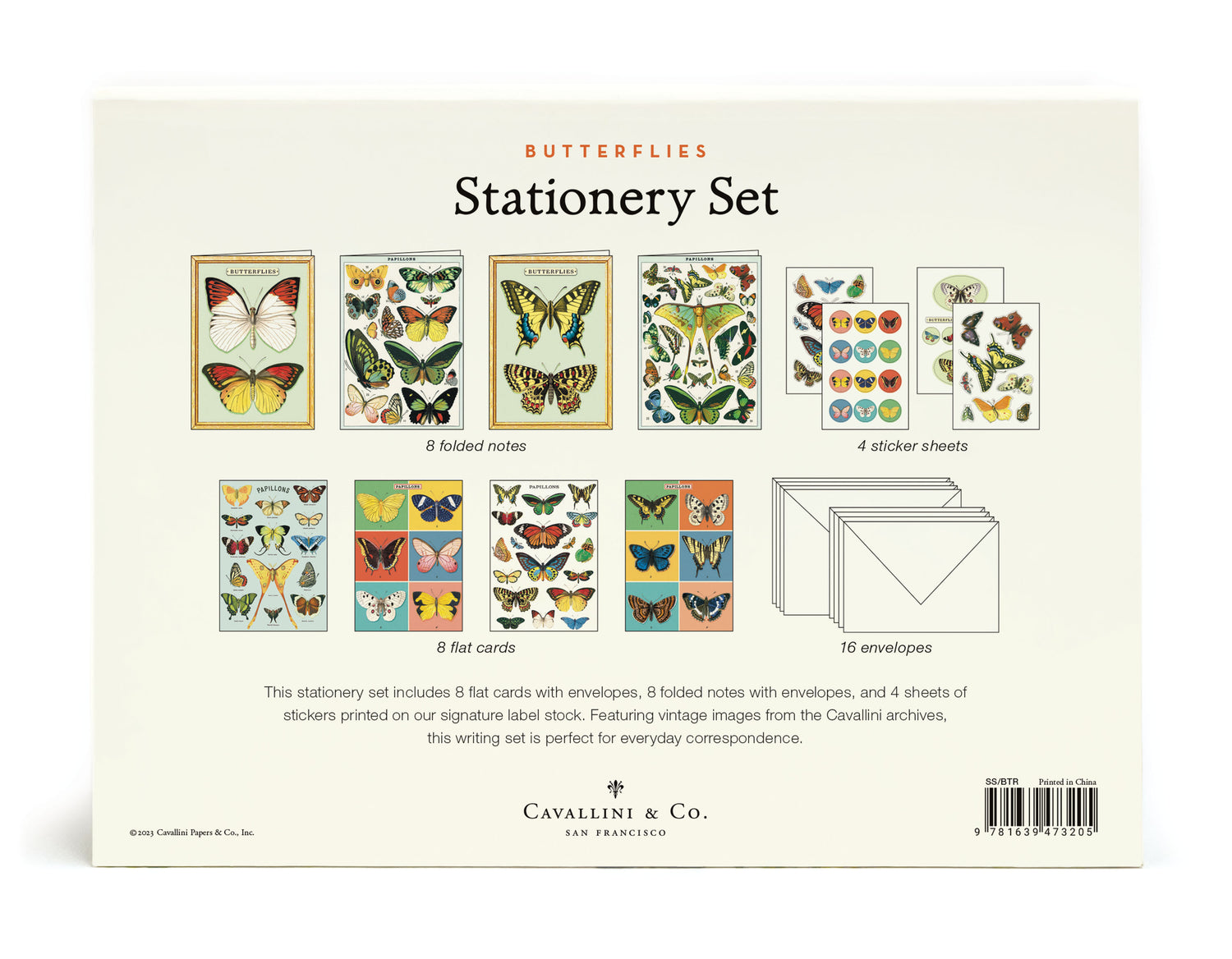 A Cavallini Papers &amp; Co Butterflies Stationery Set, inspired by the Archives, includes cards, folded notes, envelopes, and stickers with a butterfly theme.
