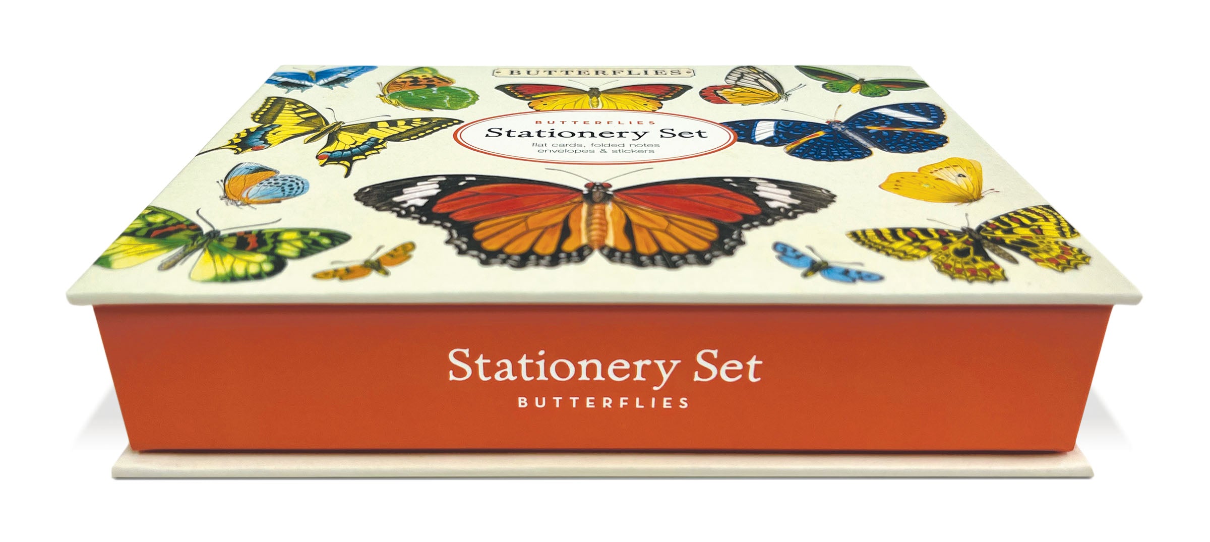 A Cavallini Papers &amp; Co Butterflies Stationery Set, inspired by the Archives, includes cards, folded notes, envelopes, and stickers with a butterfly theme.