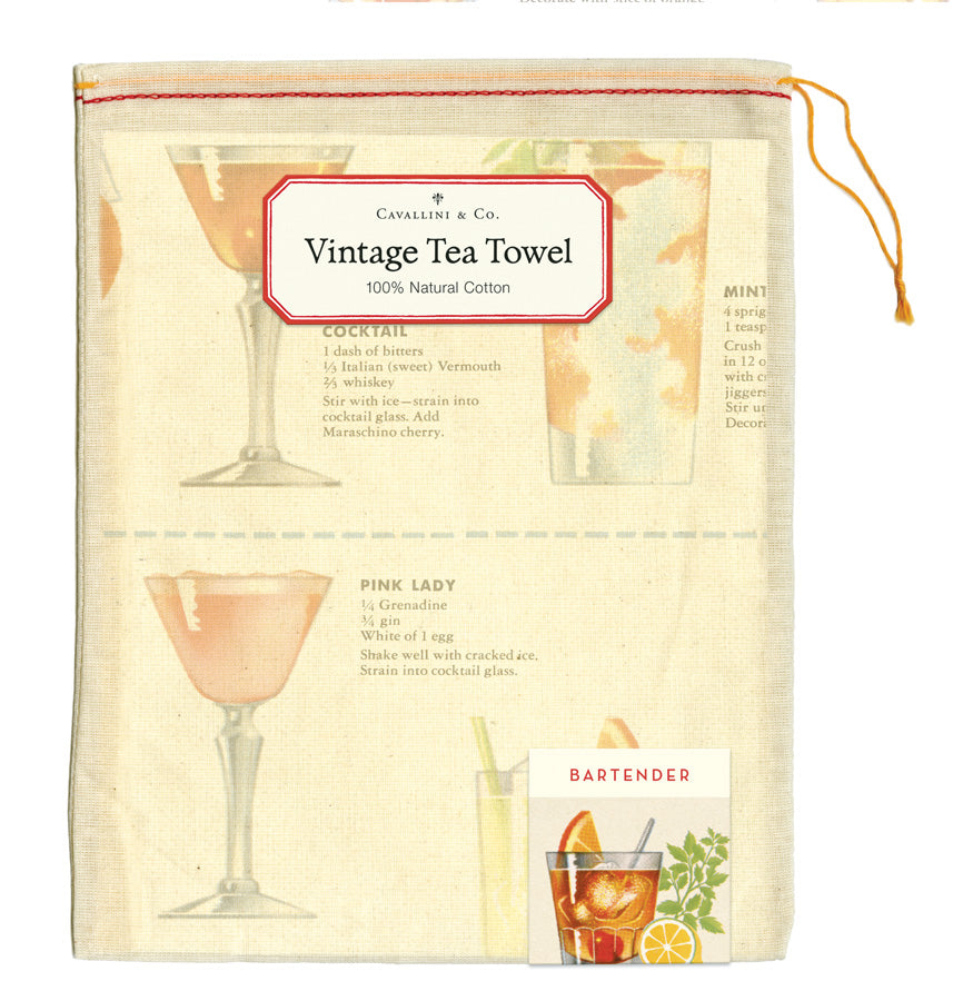 Vintage-style tea towel illustrating alcoholic beverage recipes from &quot;the standard bartender&