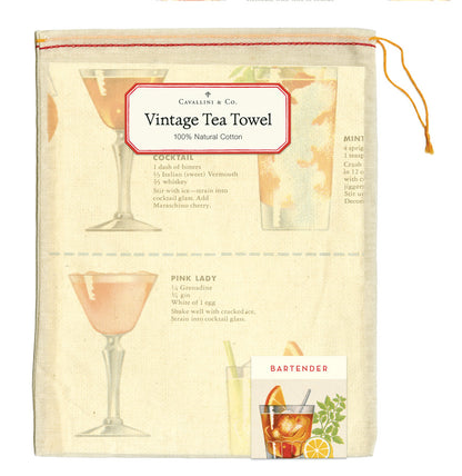 Vintage-style tea towel illustrating alcoholic beverage recipes from &quot;the standard bartender&