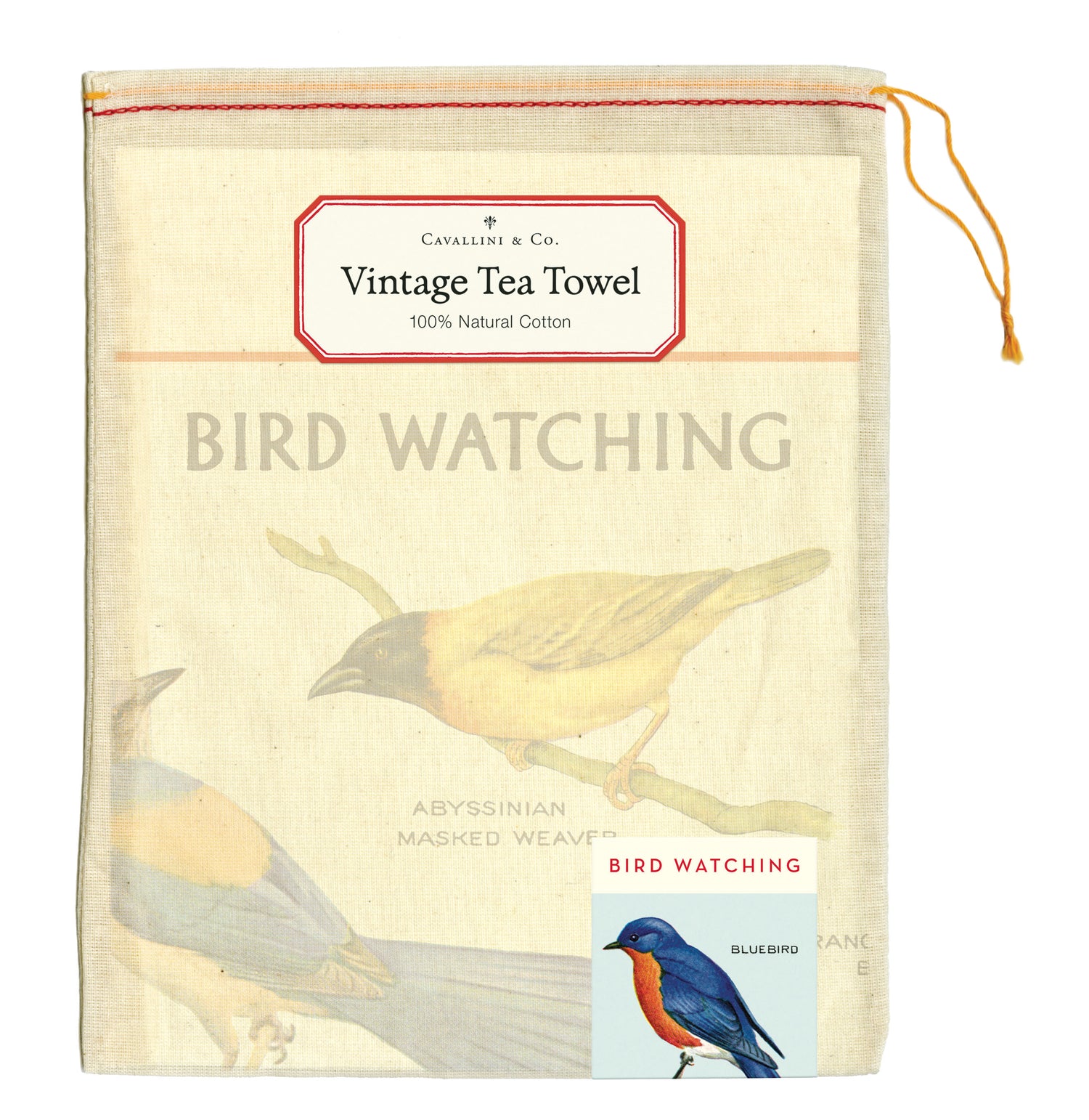 The front of the Bird Watching Tea Towel muslin drawstring bag. 