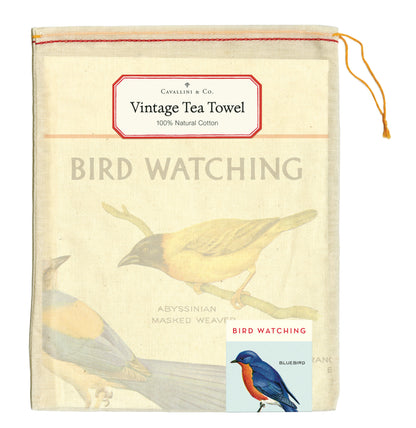 The front of the Bird Watching Tea Towel muslin drawstring bag. 