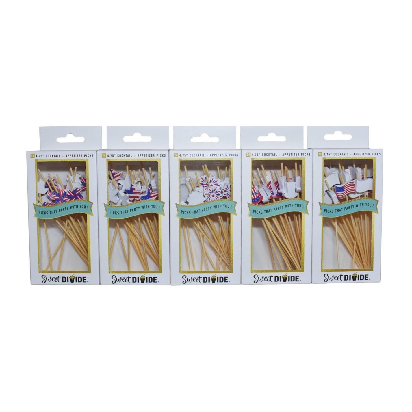 Patriotic Cocktail &amp; Appetizer Picks in 5 assorted styles including a firework, a star with a flag on it, a pinwheel, a top hat and an American flag.