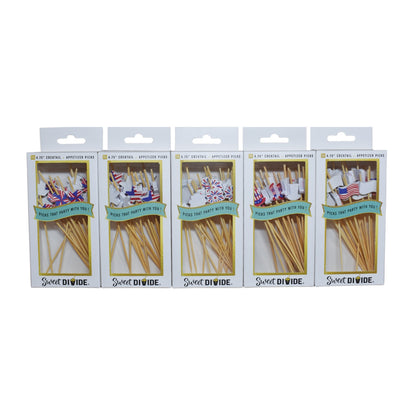 Patriotic Cocktail &amp; Appetizer Picks in 5 assorted styles including a firework, a star with a flag on it, a pinwheel, a top hat and an American flag.