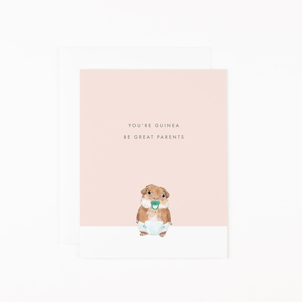 A Dear Hancock hand-painted greeting card featuring an image of a Guinea Pig holding a pacifier.