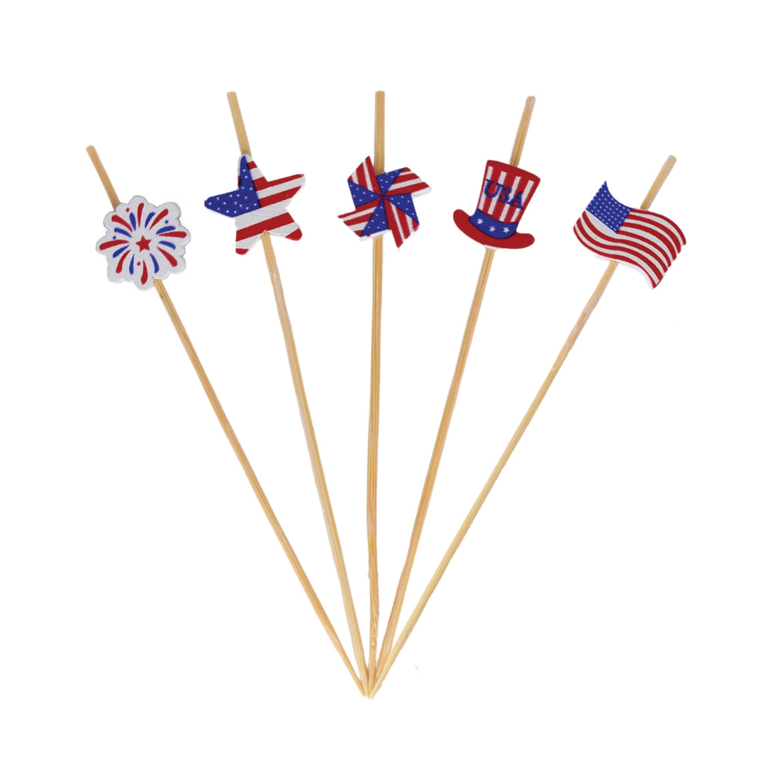 Patriotic Cocktail &amp; Appetizer Picks in 5 assorted styles including a firework, a star with a flag on it, a pinwheel, a top hat and an American flag.