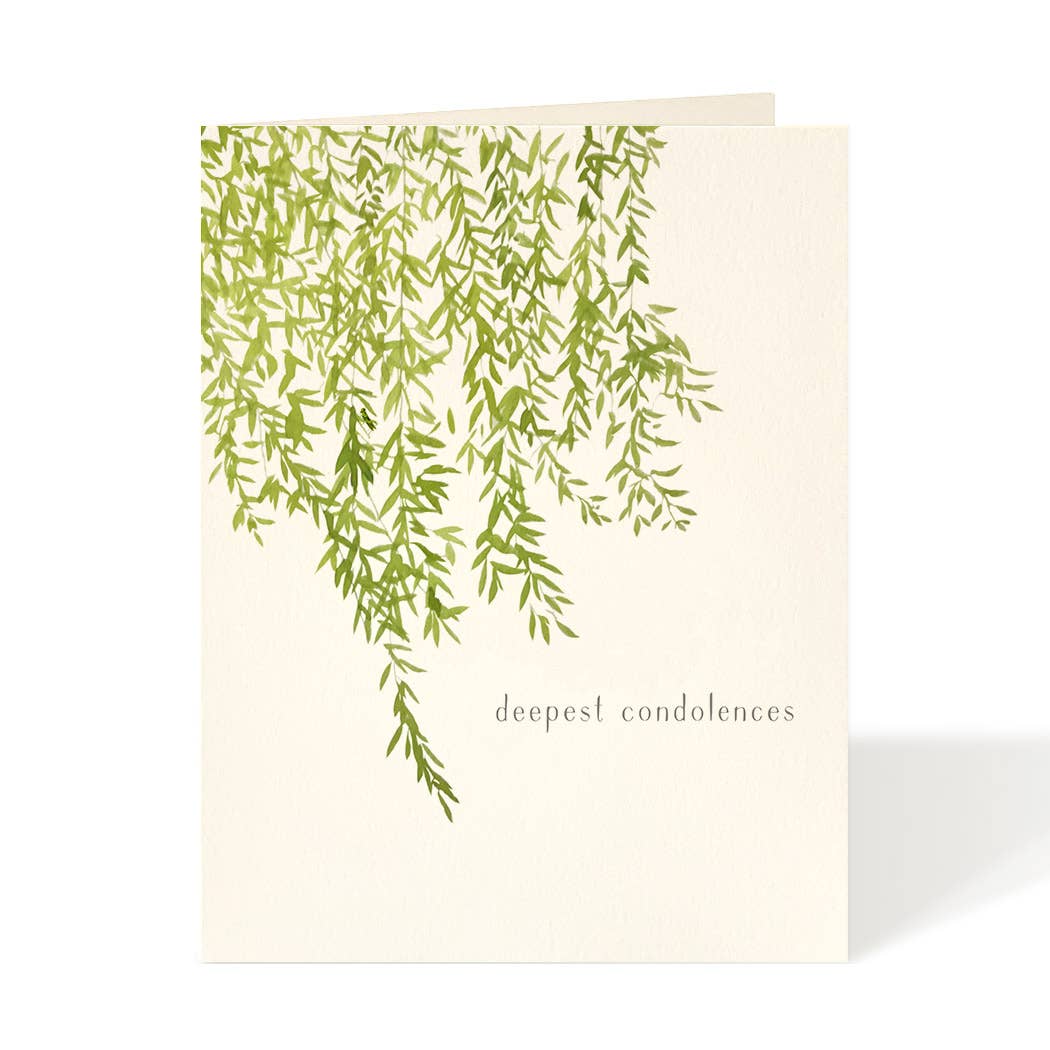 Greeting card by Felix Doolittle with artwork of a weeping willow and the saying &quot;deepest condolences&quot; printed on it. 