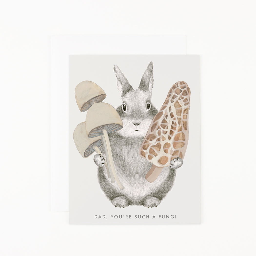 A Dear Hancock Fungi Father's Day Card with an illustration of a bunny holding mushrooms.