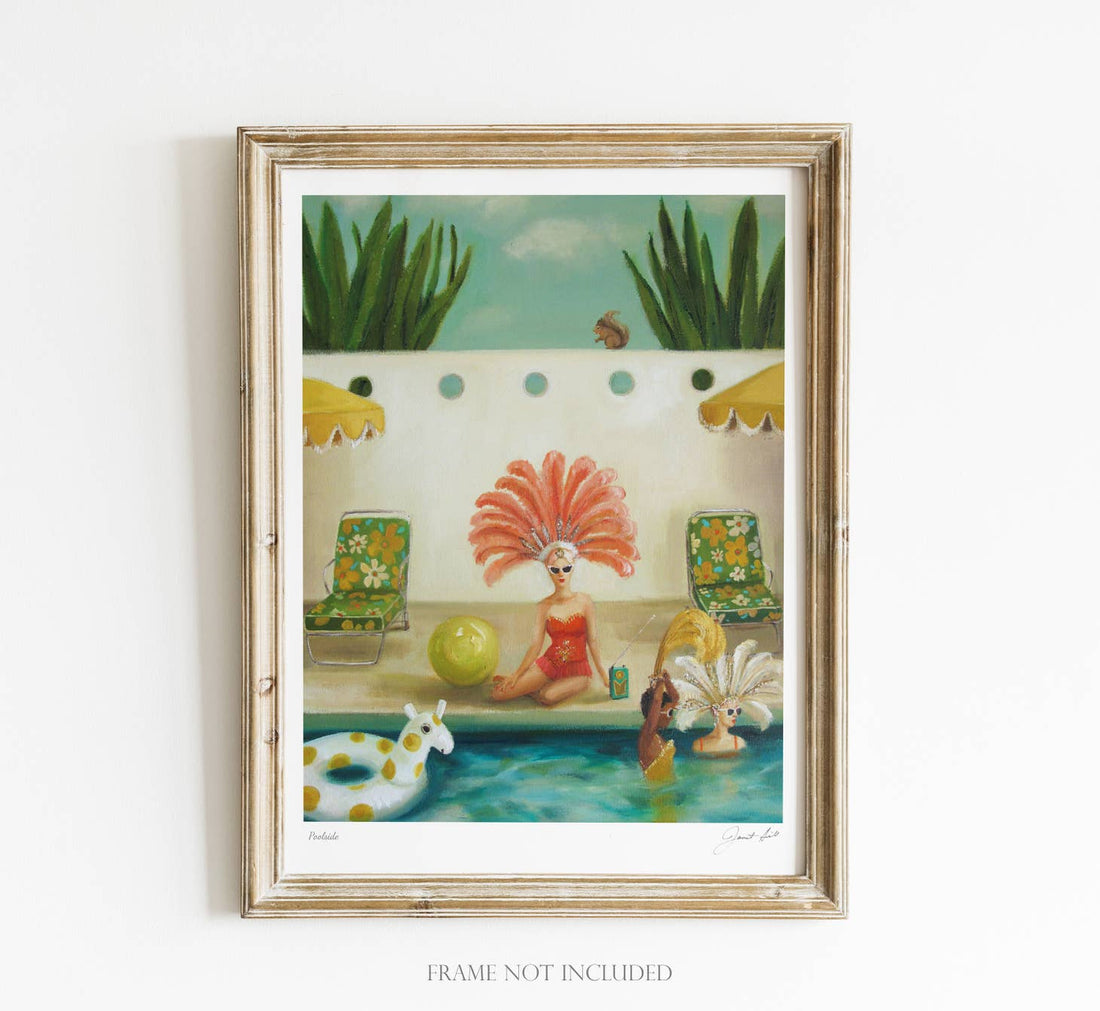 A framed print of a woman sitting by a pool, crafted by fine artist Janet Hill.
