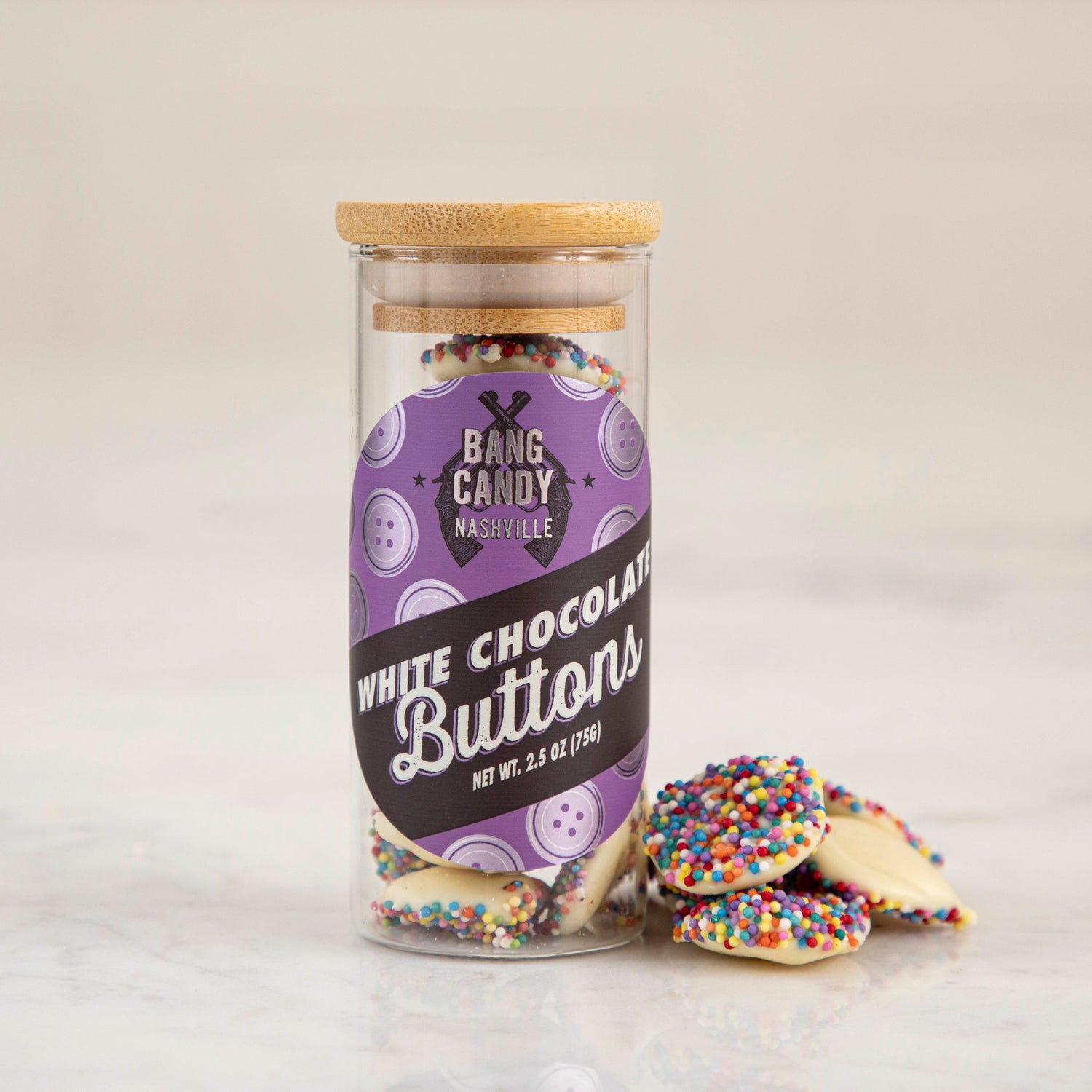 Hester &amp; Cook Chocolate Buttons in a jar with natural nonpareils.
