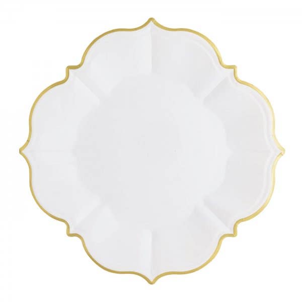 An Eid Creations White Scalloped plate with Gold Rim.
