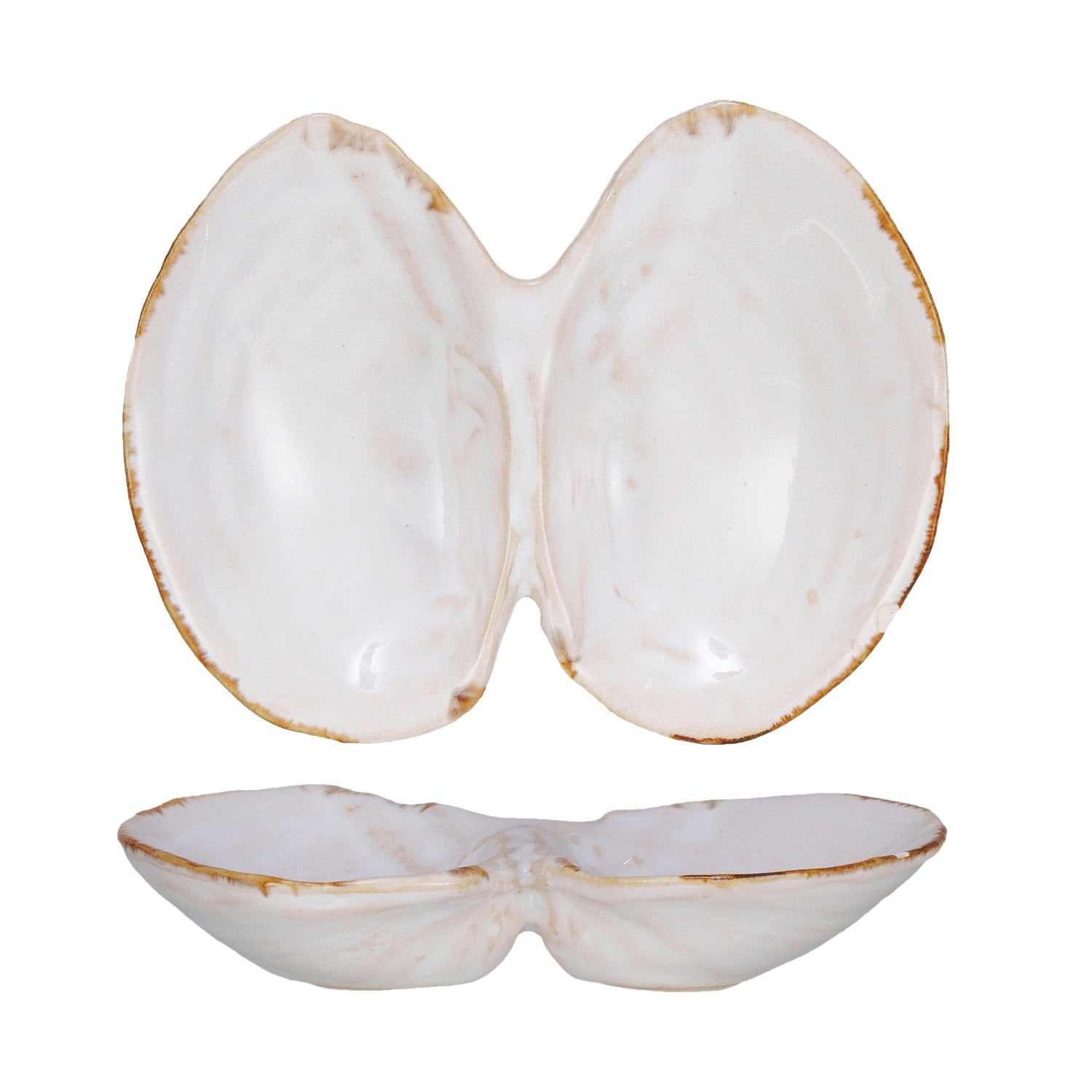 White reflective double shell dish. 