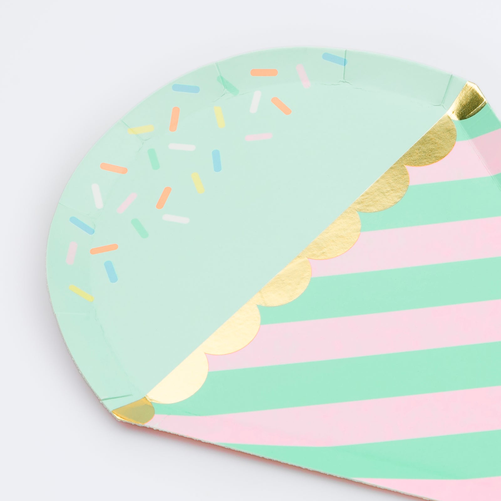 Close up of Meri Meri mint and pink Ice Cream with Sprinkles plate with shiny gold foil details. 