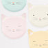 Four Meri Meri Cat Plates with cartoon cat faces in pastel colors, made from sustainable FSC paper.