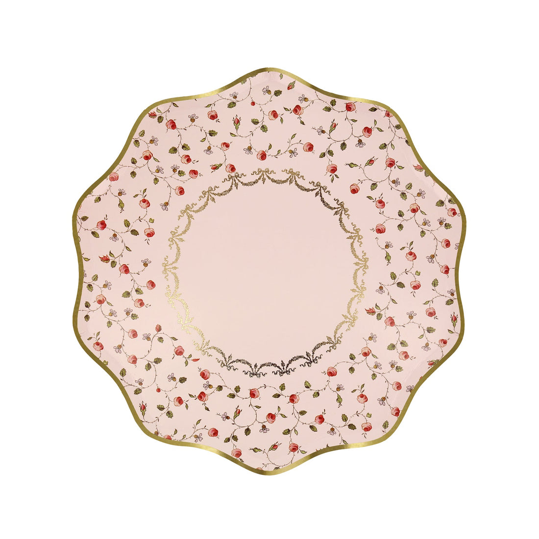 A Laduree Marie-Antoinette paper plate with red roses and gold trim, perfect for a Valentine&