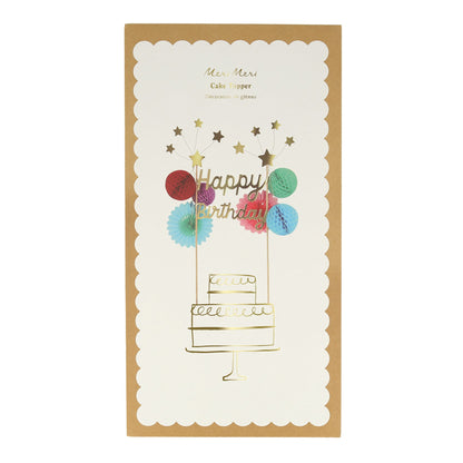 The back of the Happy Birthday Honeycomb Cake Topper package showing an illustrated cake with the topper.